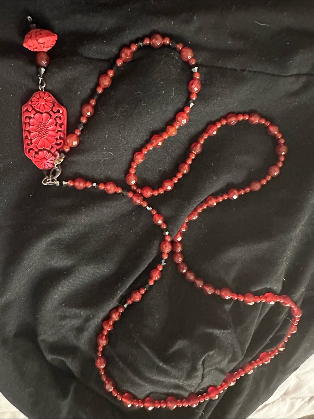 Red Beaded Long Necklace with Carved Pendant - Women Jewelry